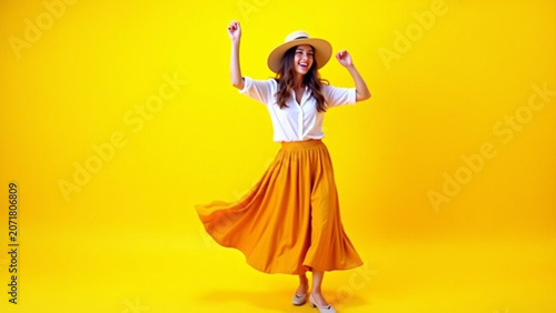 Laughing while posing in iteration studio ar Joyful european lady in summer hat dancing on