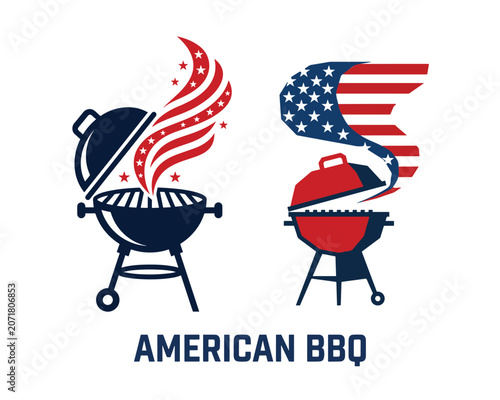 Patriotic BBQ Grill with USA Flag Flame American Barbecue Vector Illustration