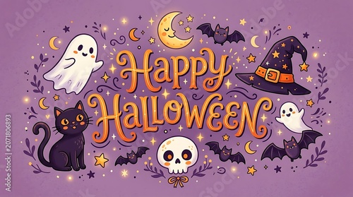 Happy Halloween greeting card with cute ghosts and black cat illustration