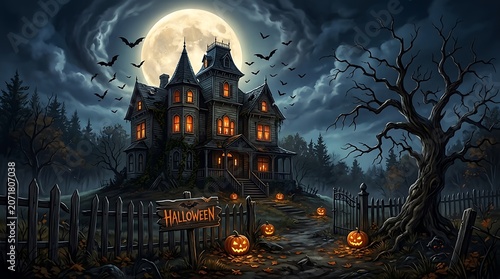 Spooky haunted house with pumpkins at night for Halloween illustration
