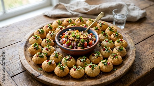 Delicious Indian pani puri appetizer on a wooden tray illustration
