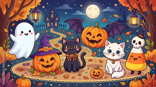 Cute cartoon characters celebrating Halloween in the night illustration