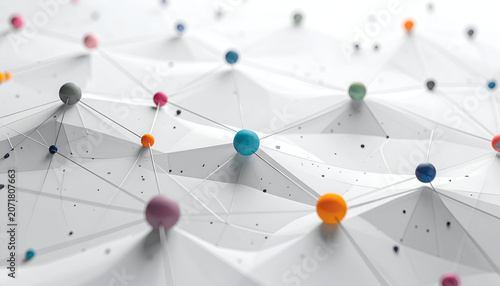 Abstract network of colorful spheres connected by lines on a white, geometric surface