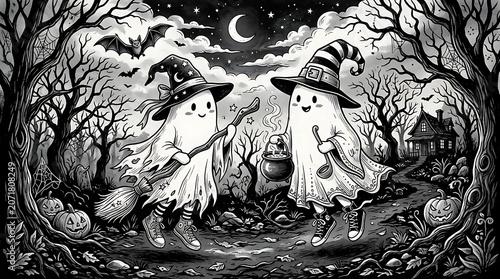 Two cute ghosts with witch hats in a spooky forest illustration