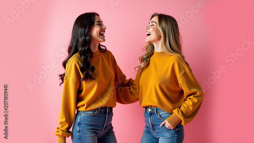 In pink studio Slim iteration brunette and blonde with closed eyes in autumn casual clothes