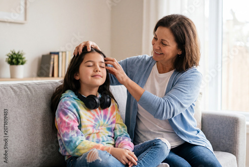 A smiling mother gently brushes her daughter's hair from her forehead while relaxing together on a comfortable living room couch