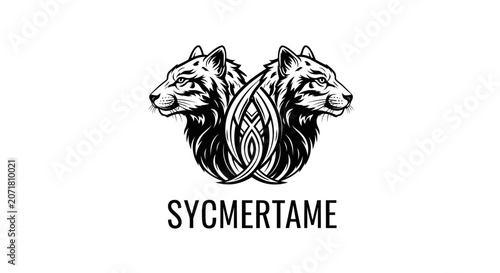 Two wolf heads intertwined with abstract symbol logo design