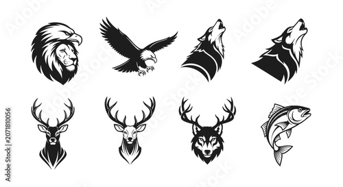 Wild animal icons lion eagle wolf deer fish silhouette set