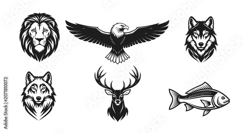 Wild animal head icons featuring lion eagle wolf deer and fish vector art