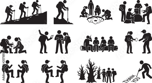 Cuadro en lienzo Set of stick figure icons representing hikers, backpackers, and outdoor enthusia
