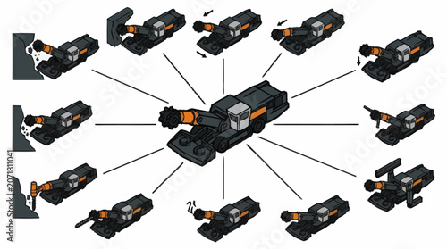 Photos Futuristic Robotic Arm Machine with Multiple Actions Illustrated.