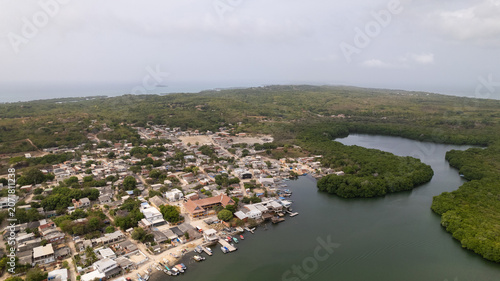 Schilderij op canvas Baru coastal village aerial view with mangroves
