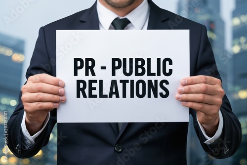 Communications manager holding PR public relations sign