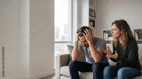 Frustrated young wife argues and gestures while her stressed husband covers his face with his hands on their living room sofa