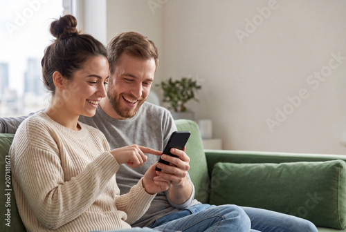 Happy young couple sits on a comfortable green living room couch while smiling and looking at something on a mobile phone