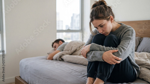 Upset and sad young woman sits on the edge of her bed hugging her knees while her husband sleeps in the bedroom background