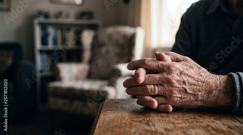Close up of wrinkled elderly hands clasped on a rustic wooden table with a gold wedding ring in a blurred quiet living room