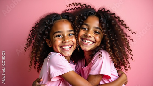 On snapshot Photos in iteration pink shades of brunettes with beautiful curls embracing in friendly