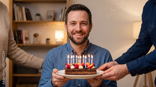 A smiling bearded man holds a chocolate birthday cake topped with lit candles and fresh berries while friends celebrate together