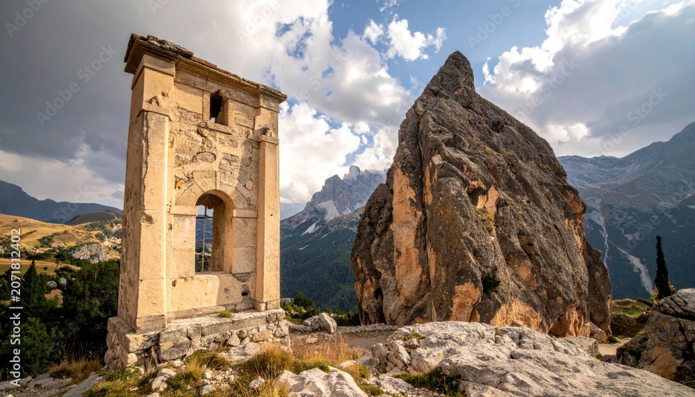 Obraz premium Ancient stone ruins and rocky peak in a majestic mountain landscape