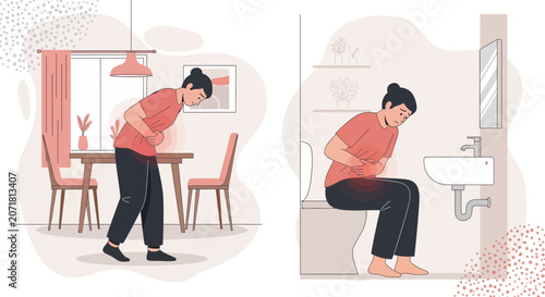 Woman Experiencing Abdominal Pain Digestive Issues and Digestive Discomfort In Home Illustration