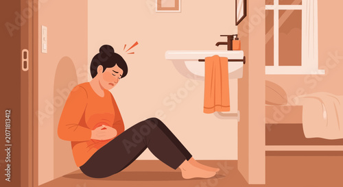 Woman Experiencing Abdominal Pain in a Bathroom, Emotional Distress, Illustrated Concept