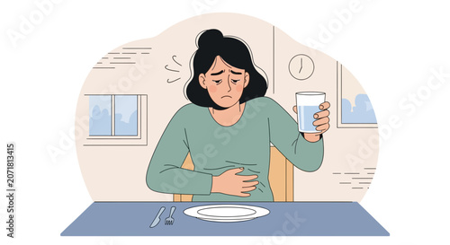 Woman Experiencing Abdominal Pain Holds Water Glass, Depicting Indigestion Or Sickness