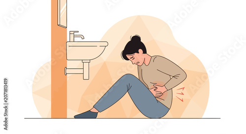 Woman Experiencing Abdominal Pain in a Bathroom, Illustration of Menstrual Cramps or Symptom
