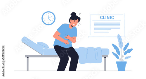 Woman Experiencing Abdominal Pain In A Clinic Setting Seeking Medical Attention
