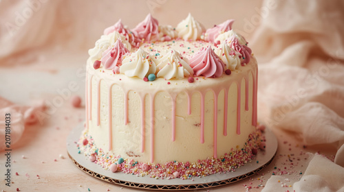 Elegant Pastel Pink Layer Cake with Buttercream Frosting and Copy Space