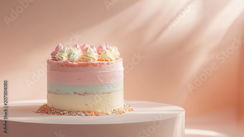 Elegant Pastel Pink Layer Cake with Buttercream Frosting and Copy Space