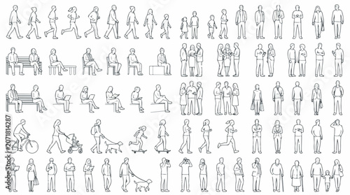 Architectural scale figures in line art style, set of 60 people vector silhouettes, minimalist human outlines for urban planning and CAD drawings isolated PNG with Transparent Background