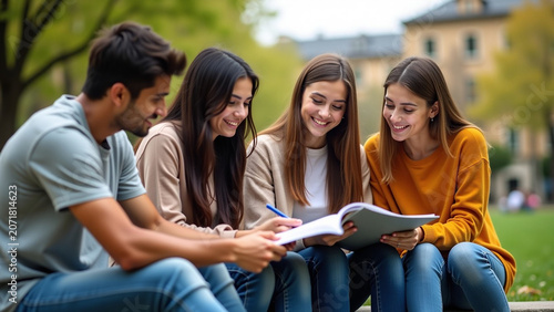 Group of young interracial iteration students discussing homework looking at exercise book sitting on campus
