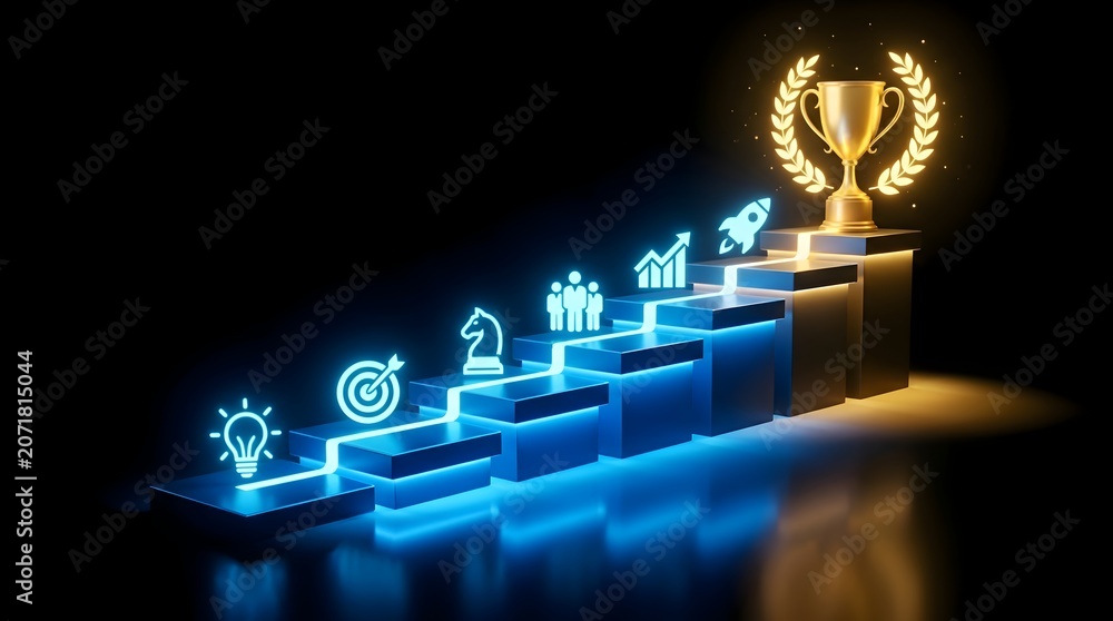 Obraz premium Golden trophy on winning podium with glowing steps symbolizing success, growth, and business strategy