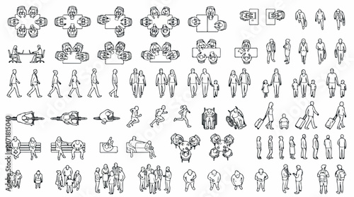 Architectural floor plan people silhouettes, top view and side view human figures for CAD drawings, technical line art person vector set isolated PNG with Transparent Background