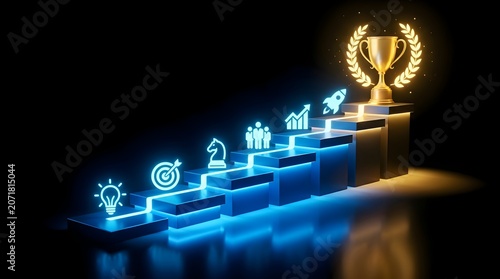 Golden trophy on winning podium with glowing steps symbolizing success, growth, and business strategy