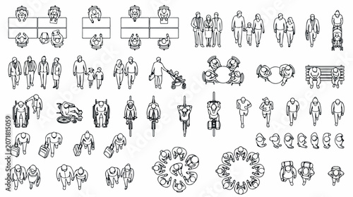 Architectural floor plan people vector set, top view human figures for CAD drawings, 2D outline silhouettes of people walking and sitting isolated PNG with Transparent Background