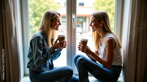 Denim Positive human emotions iteration concept ar Two young caucasian girls friends enjoy conversation and