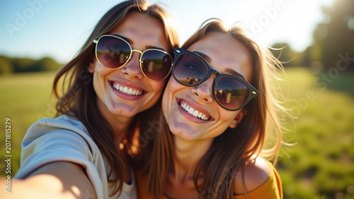 Girl expressing positive emotions iteration in spring day ar Blissful fairhaired woman in sunglasses making
