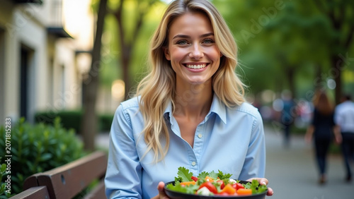 Sitting on bench outside iteration and eating salad Blonde smiles with her teeth wears shirt