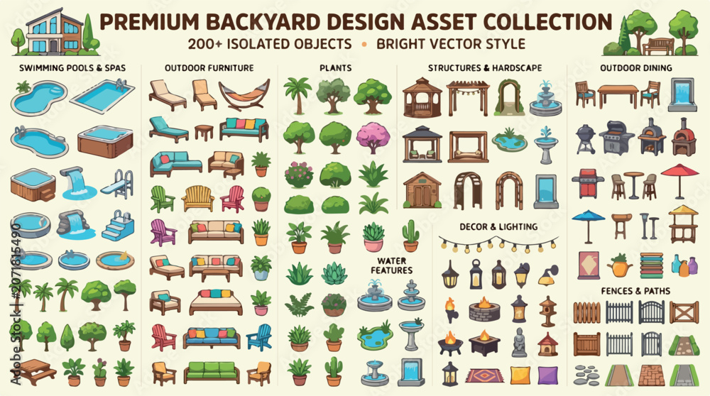 Fototapeta premium Premium backyard design asset collection, 200 plus bright vector icons for landscape planning, outdoor furniture and swimming pool garden elements isolated PNG with Transparent Background