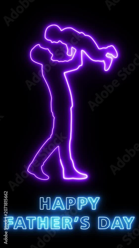 Father lifts daughter in joyful Happy Father's Day neon sign celebration