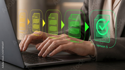 Document revision workflow. Sequential document version control with approved final revision. Businesswoman managing document lifecycle on laptop.
