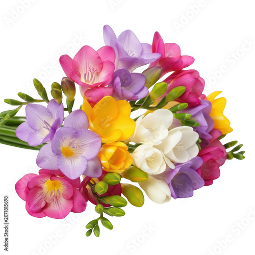 A bouquet of colorful freesias on a white background