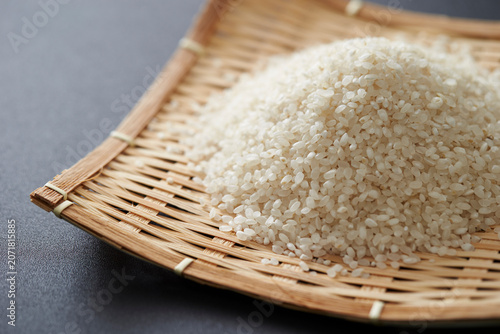 White rice in a bamboo sieve