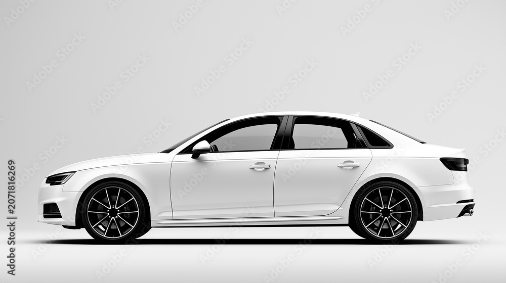 Fototapeta premium Side view mockup of a modern luxury white sedan car isolated on white background.