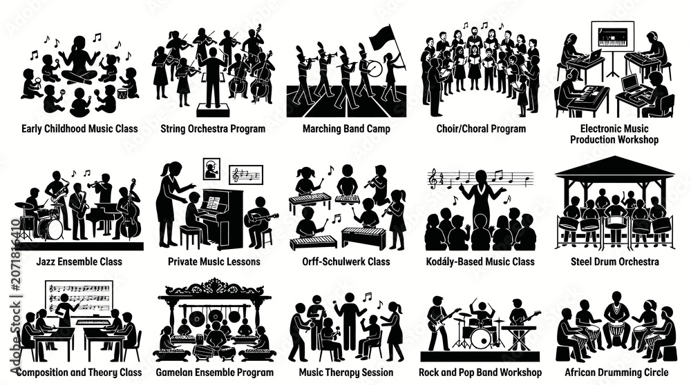 Obraz premium Musical Training Lessons and Workshops Black Silhouette Icons Collection
