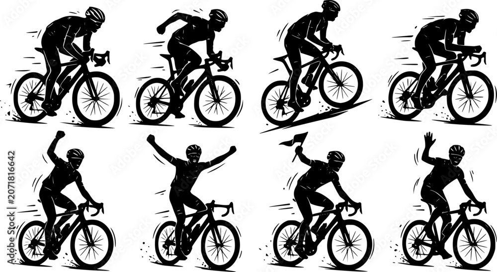 Obraz premium Dynamic black silhouettes of cyclist riding road bike in various racing and victory poses for sports design