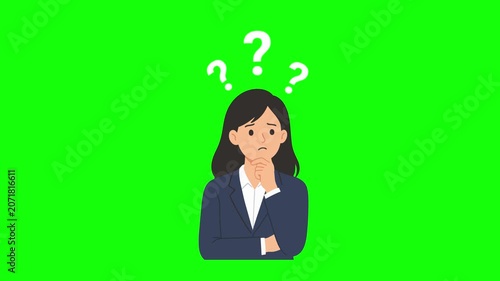 Flat Design Businesswoman Thinking with Question Marks Animation Green Screen 4K