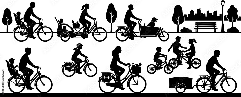 Obraz premium Black silhouettes of people riding bicycles in everyday cycling scenes with family, pets, and transport elements